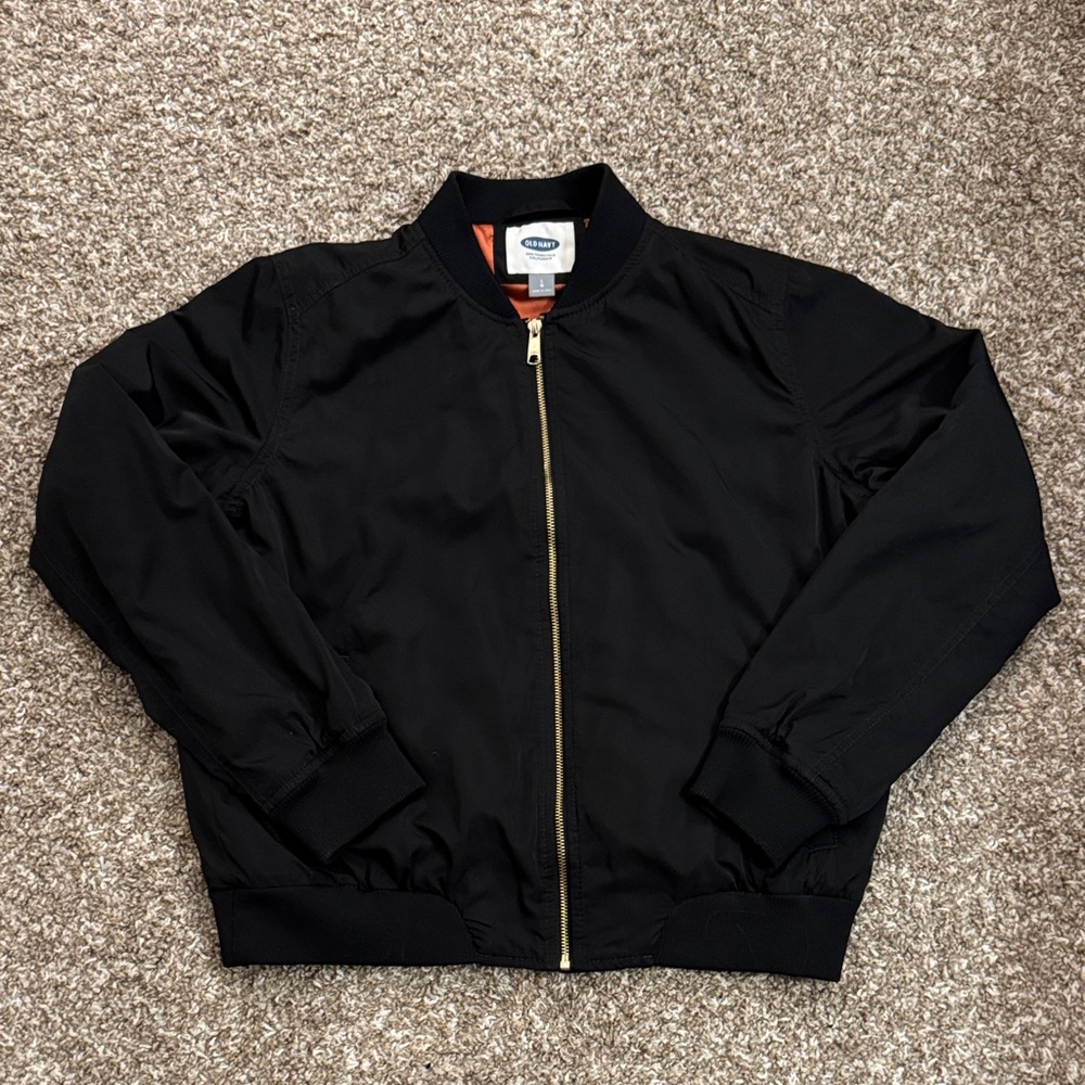 Old Navy Women’s Black Satin Bomber Jacket with Gold Zipper L